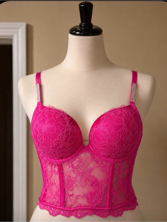 Victoria's Secret Other - Victoria's Secret push-up Hot Pink Lace L Bustier Bra with Rhinestone Straps
